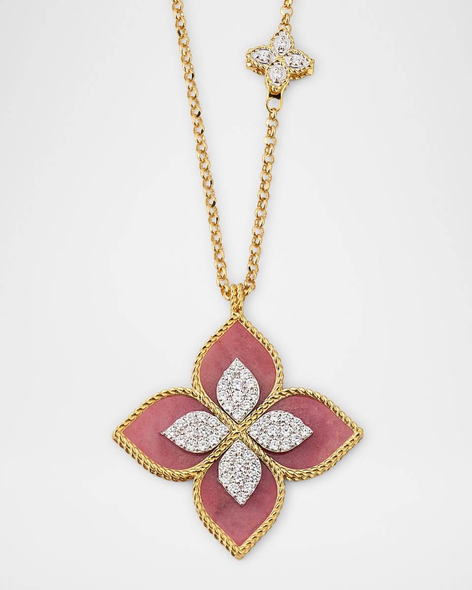 18K Yellow Gold Diamond and Rhodonite Necklace, 33"L